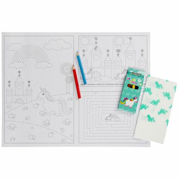 KIT RISTORAZIONE COMPLETO UNICORNO - 48x Set matite + 100x Disegni da colorare + 100x Tovaglioli (248 pz.)