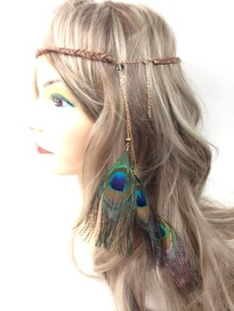 Fascia per Capelli Trecciata Marrone con Piume di Pavone | Stile Ibiza Boho (1 pz)