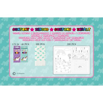 KIT RISTORAZIONE COMPLETO UNICORNO - 48x Set matite + 100x Disegni da colorare + 100x Tovaglioli (248 pz.)