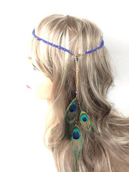 Fascia per capelli intrecciata stile Ibiza blu con piume di pavone (1 pz)