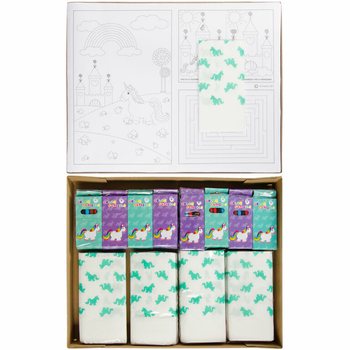 KIT RISTORAZIONE COMPLETO UNICORNO - 48x Set matite + 100x Disegni da colorare + 100x Tovaglioli (248 pz.)
