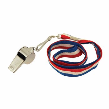 FISCHIETTO IN METALLO CON CORDINO ROSSO / BIANCO / BLU (12 pz.)