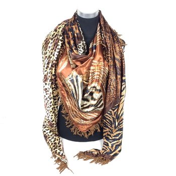 Sciarpa triangolare di lusso reversibile Tigre / Marrone con frange (1 pz)
