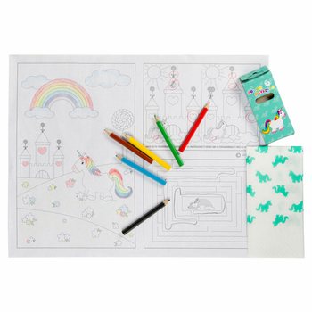 KIT RISTORAZIONE COMPLETO UNICORNO - 48x Set matite + 100x Disegni da colorare + 100x Tovaglioli (248 pz.)