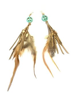 ORECCHINI STILE IBIZA PEACE E PIUME CREMA/TURCHESE (1 paio)
