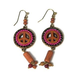 Orecchini Stile Ibiza con Simbolo della Pace - Marrone/Fucsia (1 pz)
