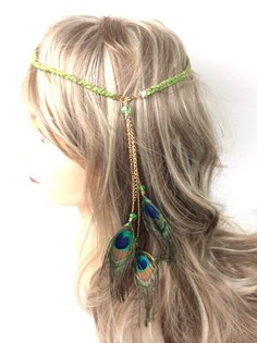 Fascia Intrecciata Verde Muschio con Piume di Pavone (1 pz)