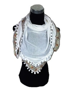 Sciarpa triangolare bianca con pompon stile Ibiza (1 pz)