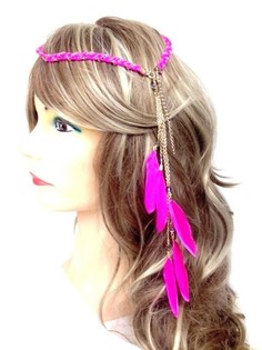 Fascia per capelli intrecciata stile Ibiza con piume Fucsia (1 pz)